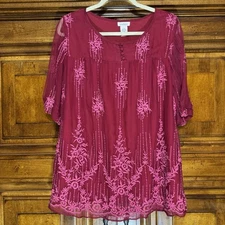 Sundance Cora Floral Embroidered Overlay Blouse Wineberry Womens L Boho Romantic