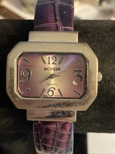Ladies Ecosse Rectangle Silver Tone Purple Band New Battery