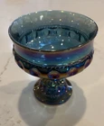 Fenton Blue Carnival Glass Thumbprint Compote 5” Iridescent Footed Bowl Vintage