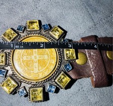 VINTAGE Leather Belt Ornate St Benedict Buckle Yellow Blue Austria crystals boho
