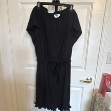 DKNY Black Pleated Belted Fit & Flare Round Neck Short Sleeve Knee Dress 10