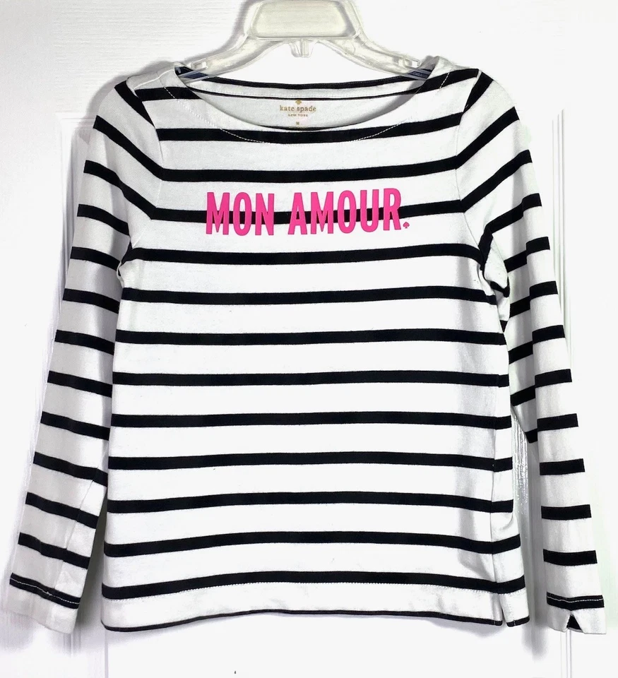 Top KATE SPADE New York Mon Amour Rayas Negro Blanco Algodón Tejido Manga 3/4 M Foto 2 de 4