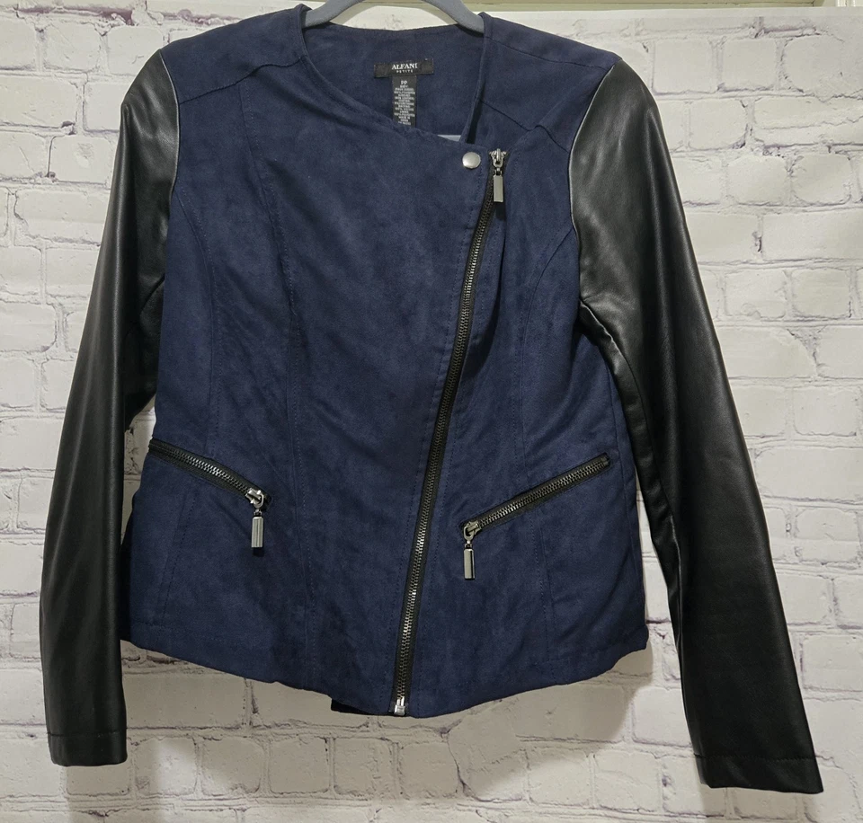 Alfani Womens Petite Mixed Media Faux Suede Pleather Jacket Size PP Navy & Black - Image 3 of 4