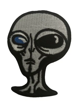 Silver Alien Head Embroidery Iron On Patch- Extraterrestrial 5.5cmx7.5cm - Image 1 of 3