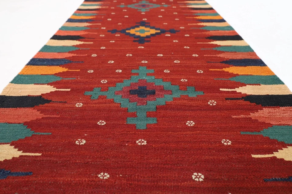 10 ft Hallway Tribal Runner Red Kilim Afghan Hand Knotted Wool Bedroom kilim - Image 3 of 4
