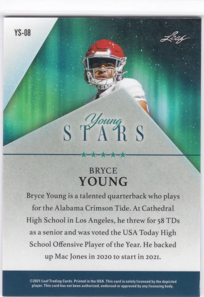 2021 Leaf Young Stars Purple #8 Bryce Young - Alabama Rookie ARC 3/25 - Image 2 of 2