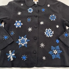 Talbots Women's Medium Black Embroidered Snowflake Cardigan/Sweater