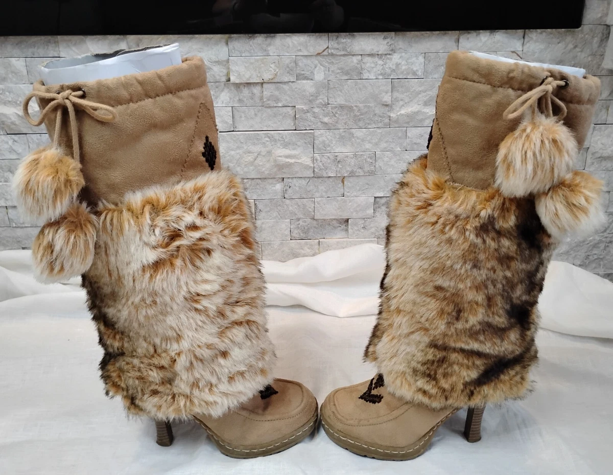 Botas Anne Michelle Imitación Piel Gamuza Shera Tacón Alto Apilado Talla 5.5 Forradas con Cuentas