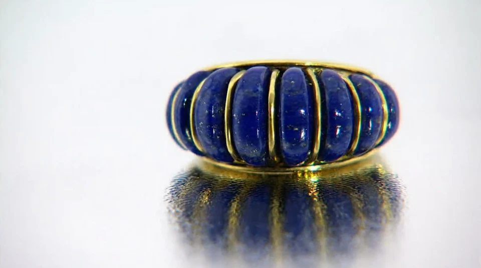 925 Sterling Silver Gold Plated Carved Natural Lapis Lazuli Domed Ring Size 7 - Image 3 of 4