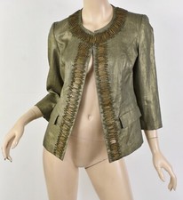 CHICO'S Gold Metallic Olive Green 100 Linen Beaded Open-Front Jacket S 0