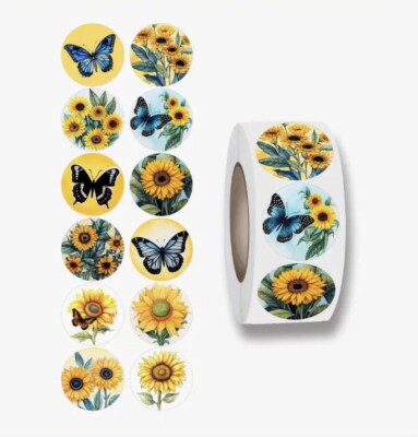 100 x Sonnenblume & Schmetterling Aufkleber Etiketten 25 mm.