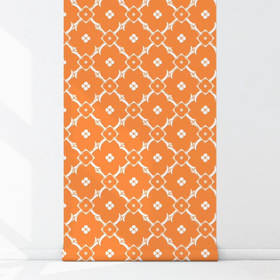 Papel pintado naranja con patrón de flores marroquíes no tejido delicada acuarela hogar Foto 3 de 4