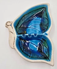 1960's Santa Anita Ware California MCM Biomorphic Ashtray Blue Glazed Butterfly