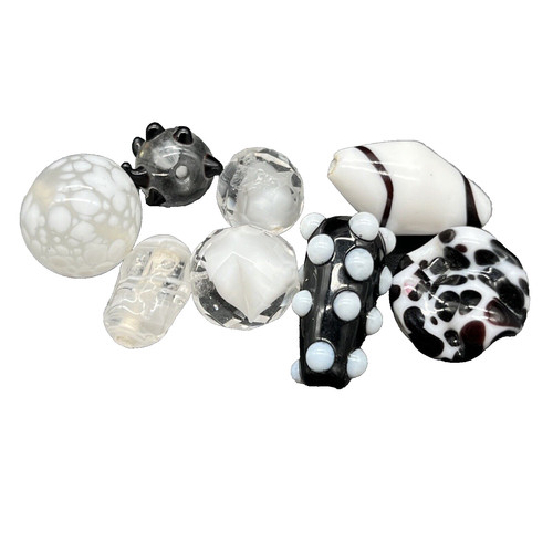 Lot 8 Vintage Venetian Lampwork Dalmatian Polka Dot Black & White Glass Beads