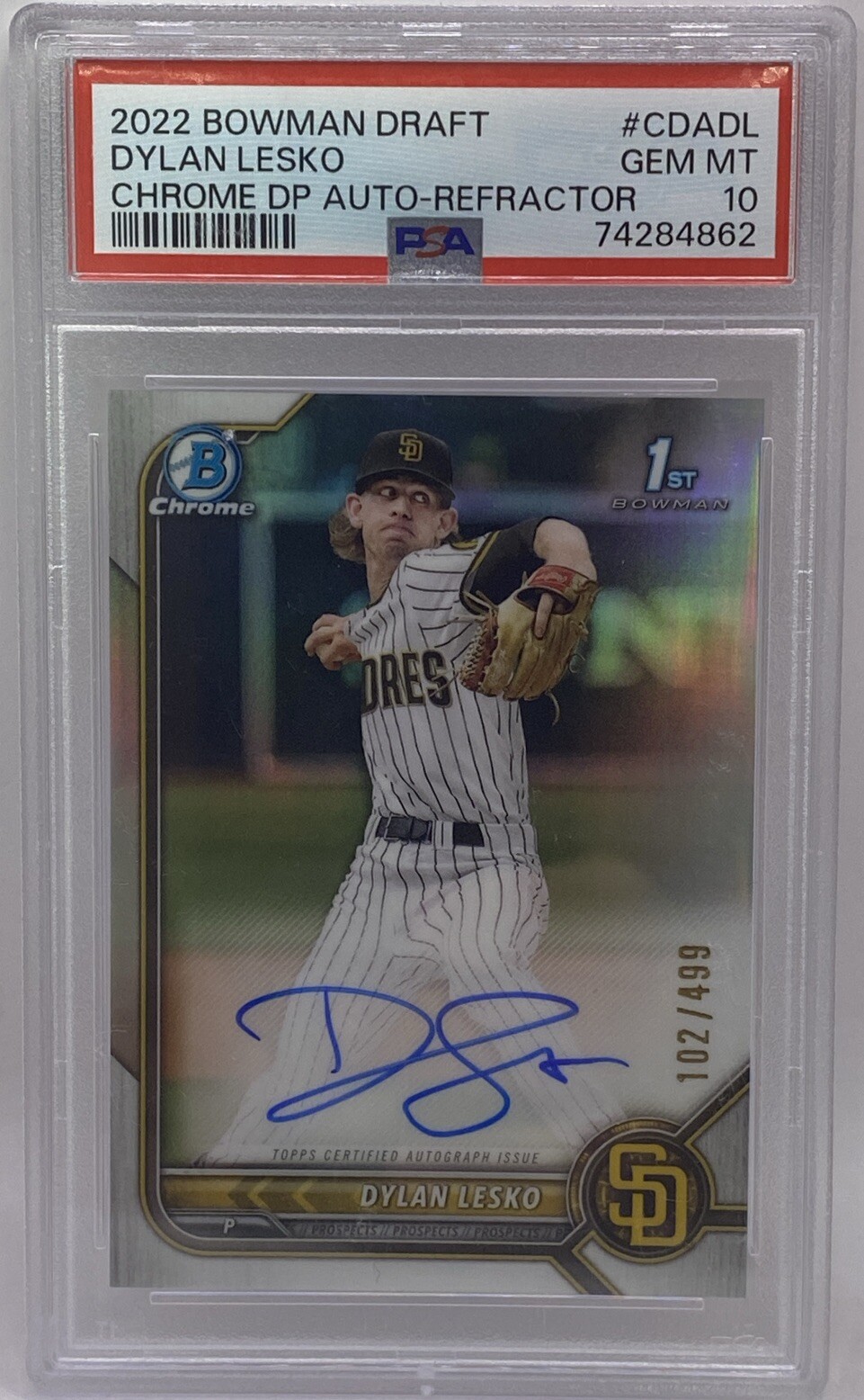 2022 Bowman Chrome Draft Dylan Lesko 1st Prospect Refractor Auto #102/499 PSA 10