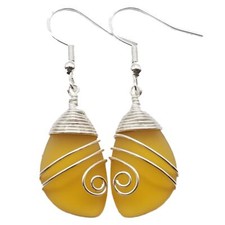 Hawaiian Jewelry Sea Glass Earrings, Top Wire Yellow Blue Earrings, Fun Beach