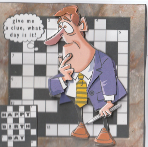 NOVELTY SQUARE  HANDMADE  DECOUPAGED MALE  CROSSWORD THEMED   BIRTHDAY CARD - Picture 1 of 1