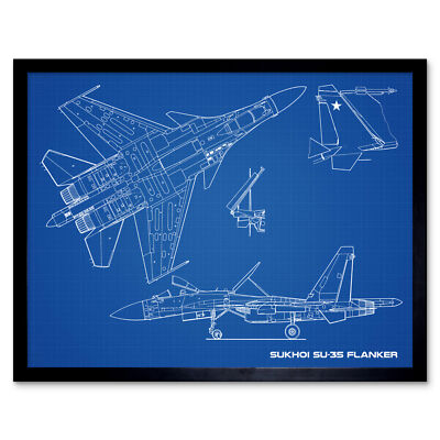 Suchoi Su-35 Flanker-E Luftverteidigungsjäger Bauplan Wandbilddruck gerahmt 12x16