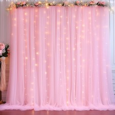 10x10ft Baby Pink Tulle Backdrop Curtain with Lights String for Parties Sheer