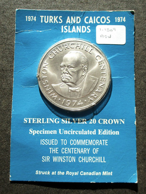 1974 TURKS & CAICOS ISLANDS 20 CROWNS WINSTON CHURCHILL 0.925