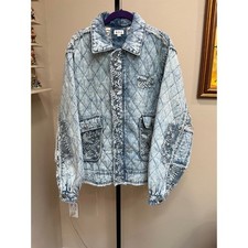 POL Denim Jacket Quilted Acid Wash S Blue Embroidered Floral Distressed Boho