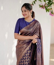 Women Jacquard Saree Indian Wedding Party Wear Sari Designer Bollywood Blouse