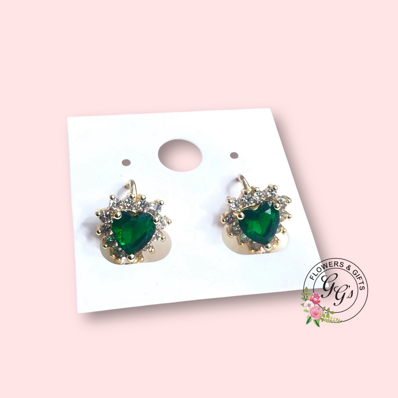 Stainless Steel Green Heart Earrings with Glass Accents