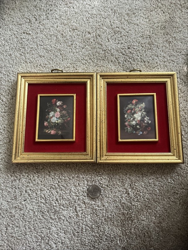Vintage Wall Art Print Mixed Color Flower Gold Ornate Wood Frame Matted Set Of 2