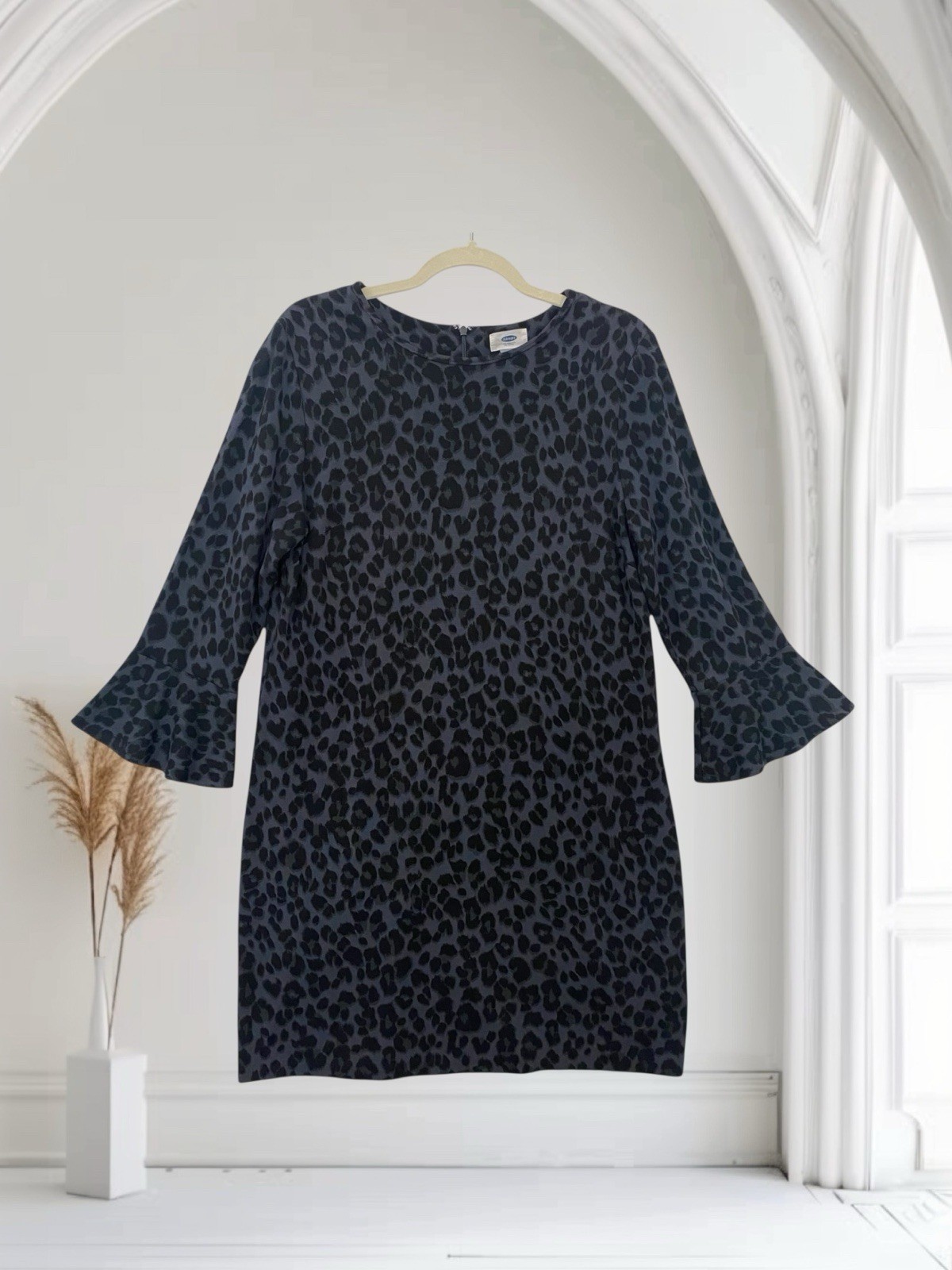 Old Navy Womens Blue Leopard Print Flutter Sleeve Dress Size Large Soft Stretch