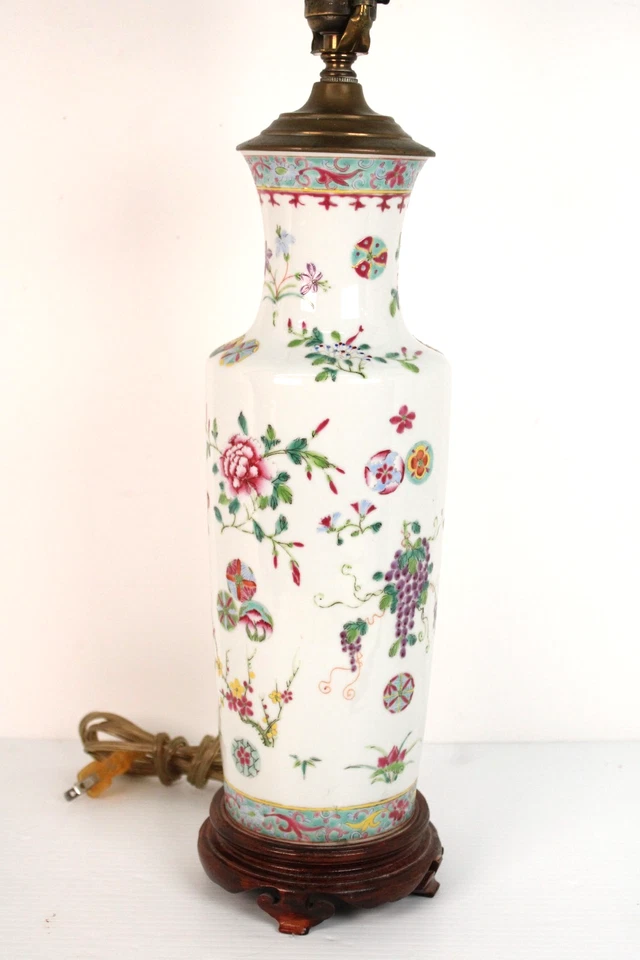 Antique Chinese Famille Rose Grapes Hand Painted Porcelain Vase Lamp - Image 2 of 4