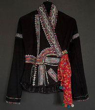 Authentic Hmong Tribal Jacket Embellished Wrap Coat Vintage Ethnic Boho Pom Pom