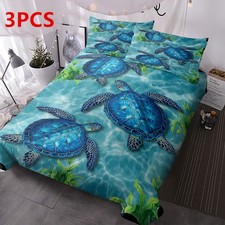 3PCS Three Sea Turtle Duvet Cover Set with 2Pillowcases Soft Green Home Bedroom