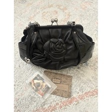 Brighton Rosine Black Leather 3D Rose Kiss Lock Handbag -