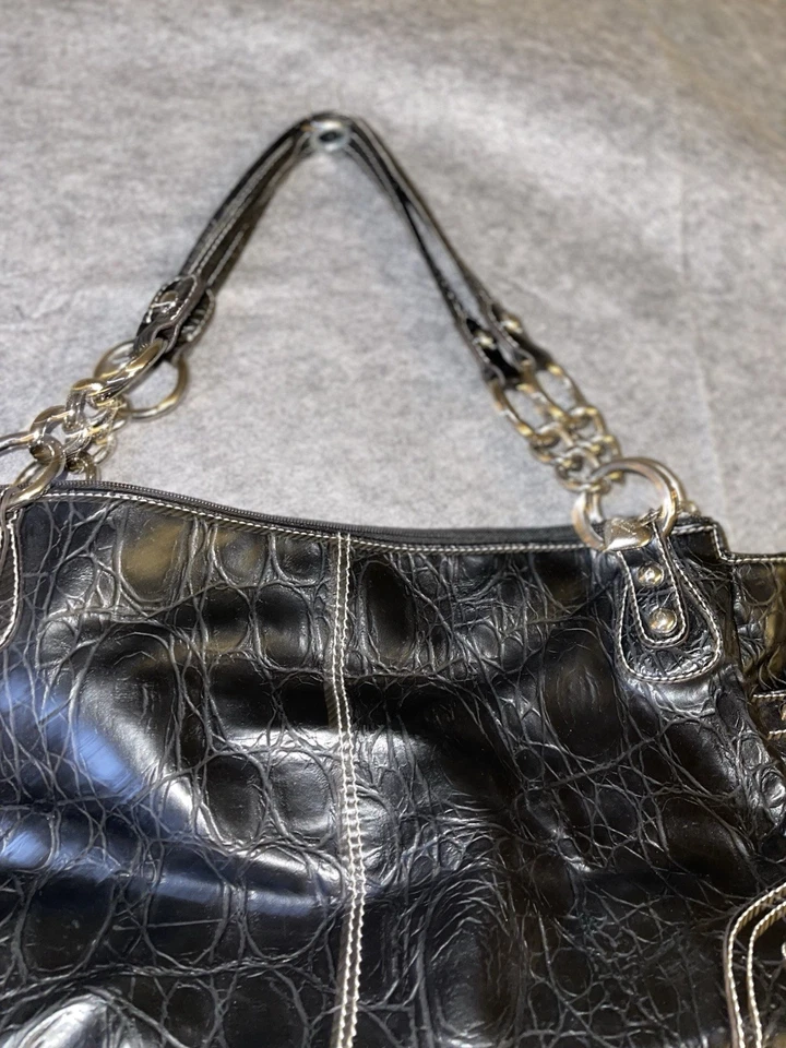 Bolso de Hombro Cartera Kathy Van Zeeland Negro Imitación Cocodrilo Repujado Cadena Correa Foto 4 de 4