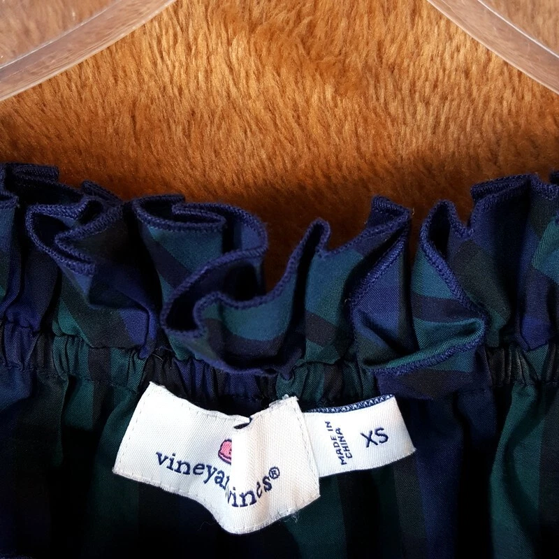 Top para mujer VINEYARD VINES XS azul verde a cuadros con volantes campesinos preppy Foto 2 de 4