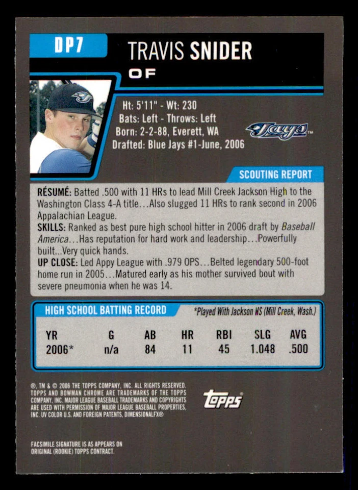 2006 Bowman Chrome Draft Draft Picks #7 Travis Snider - Image 2 of 2
