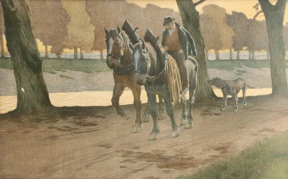 PAUL HEY Herbstabend Reiter Jugendstil Farbdruck 1905 art nouveau print - Bild 4 von 4