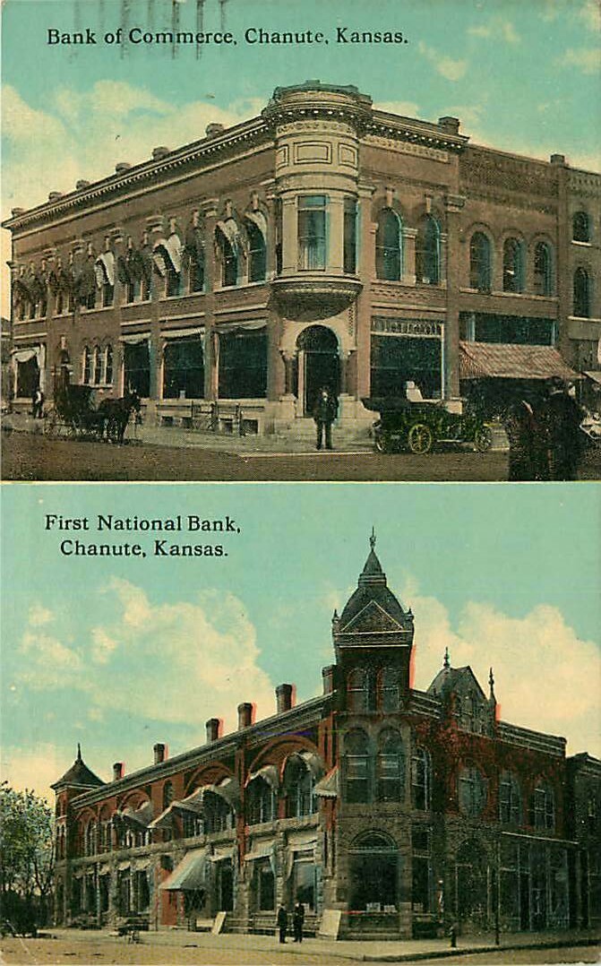 Postcard 1st National & Bank of Commerce, Chanute, Kansas used in