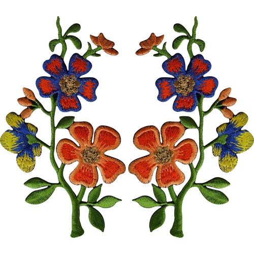Pair of Orange Blue Flower Patches Iron Sew On Flowers Embroidered Patch Badge