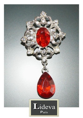 Brosche Anhänger Metall Strass Kristall 60 mm X 30 mm Silber/Rote Tropfen