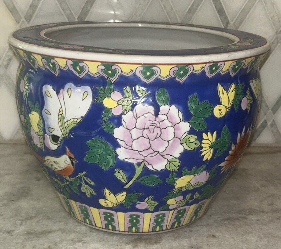 VTG 1980s Chinoiserie Blue White floral Pot Planter 7.25 VTG 1980s Chinoiserie Blue White floral Pot Planter 7.25
