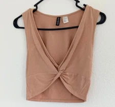 H&M Divided Women's Peach V Neck Knot Front Viscose Stretch Crop Top Size Small
