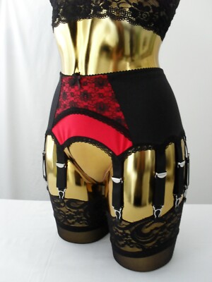 Medium or XL 14 Strap Black + Red Lycra Arch Lace Designer Retro Suspender Belt