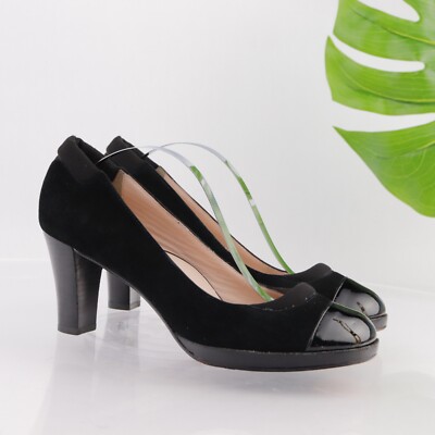 Taryn Rose Womens Tabea Pump Size Black Suede Patent Cap Toe Block Heel  Shoe
