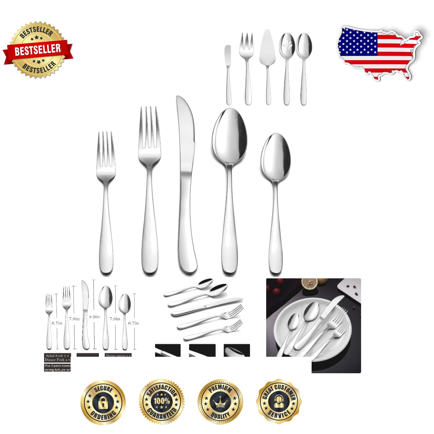 Elegant 45-Piece Mirror Polished Silverware Set - Service for 8 - Modern Design