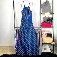 Guess Los Angeles Navy Blue Chevron Stripe Criss Cross Nautical Satin Maxi Dress