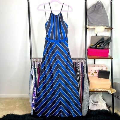 Guess Los Angeles Navy Blue Chevron Stripe Criss Cross Nautical Satin Maxi  Dress | eBay
