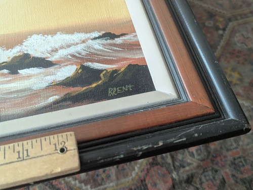 Vtg Framed Seascape Ocean Maritime Oil Painting Signed Brent Nautical Sunset Art - Picture 3 of 22