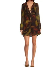 Gianni Bini Chiffon Dress Size L Hillary Blur Ruffle Tie Mini Long Bell Slv New