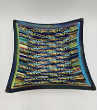 11” Fused Art Glass Bowl Dish Signed 07 Rainbow Multi Color